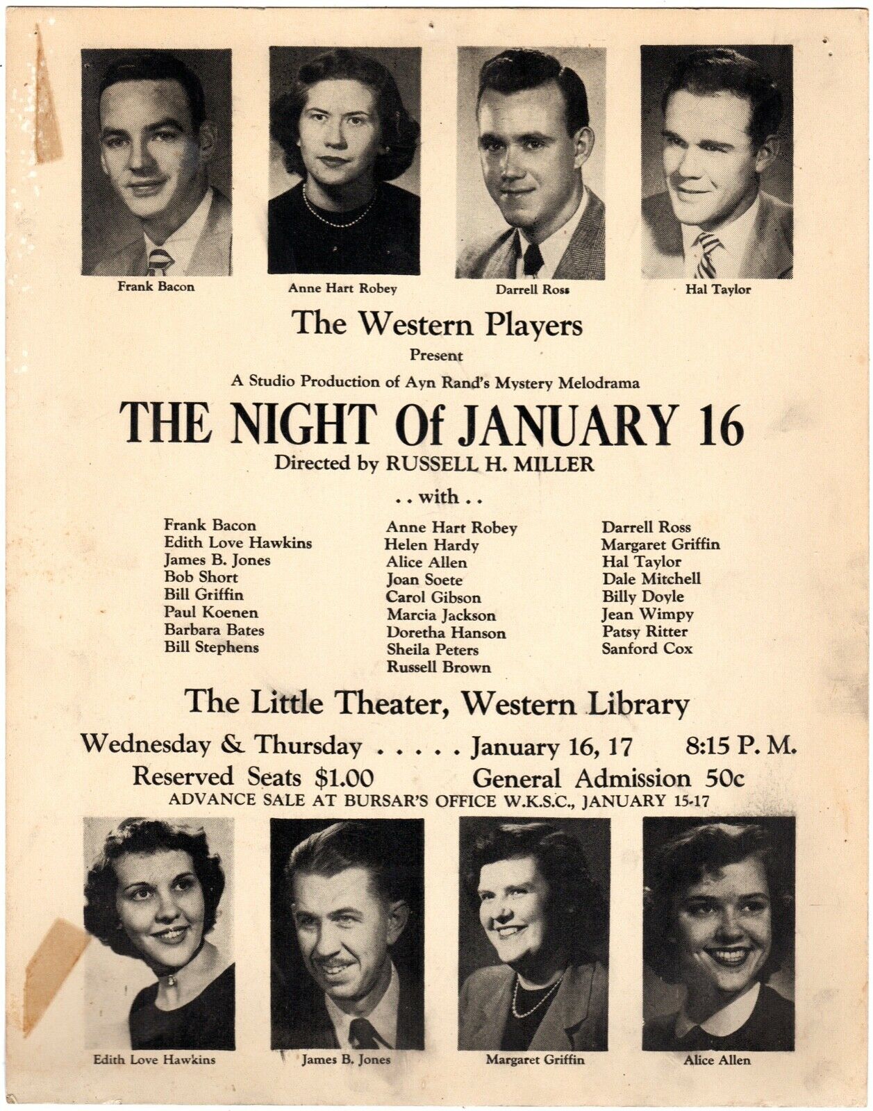 Western Players Western Ky University Night Of Jan.16th Playbill Ad 1952-53!@@!