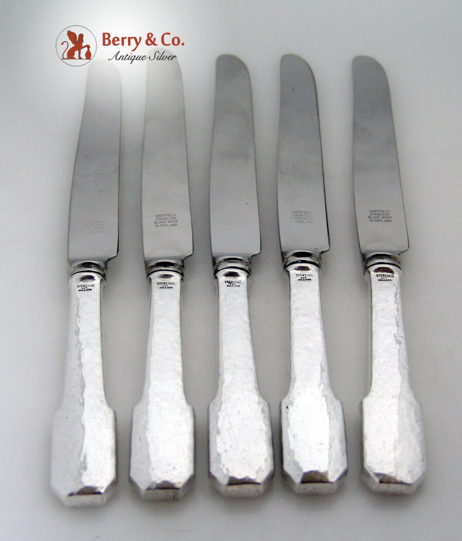 Norman Hammered Set Of 5 Dinner Knives Shreve And Co Sterling Silver 1909