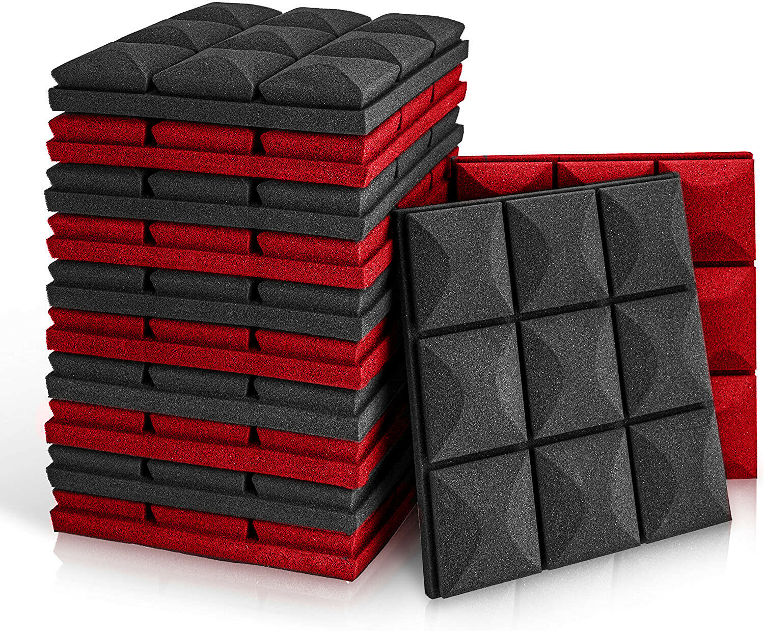 Acoustic Foam Panels, 12 Pack Set 12" X 12" X 2" Black And Red Studio Wedge Tile